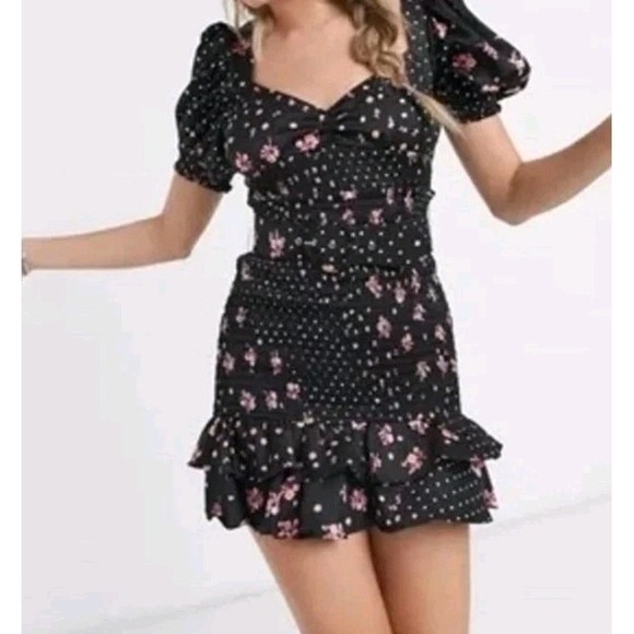 NWOT For love & Lemons black pink floral ruffle hem Camellia Mini Dress Medium - Picture 3 of 13